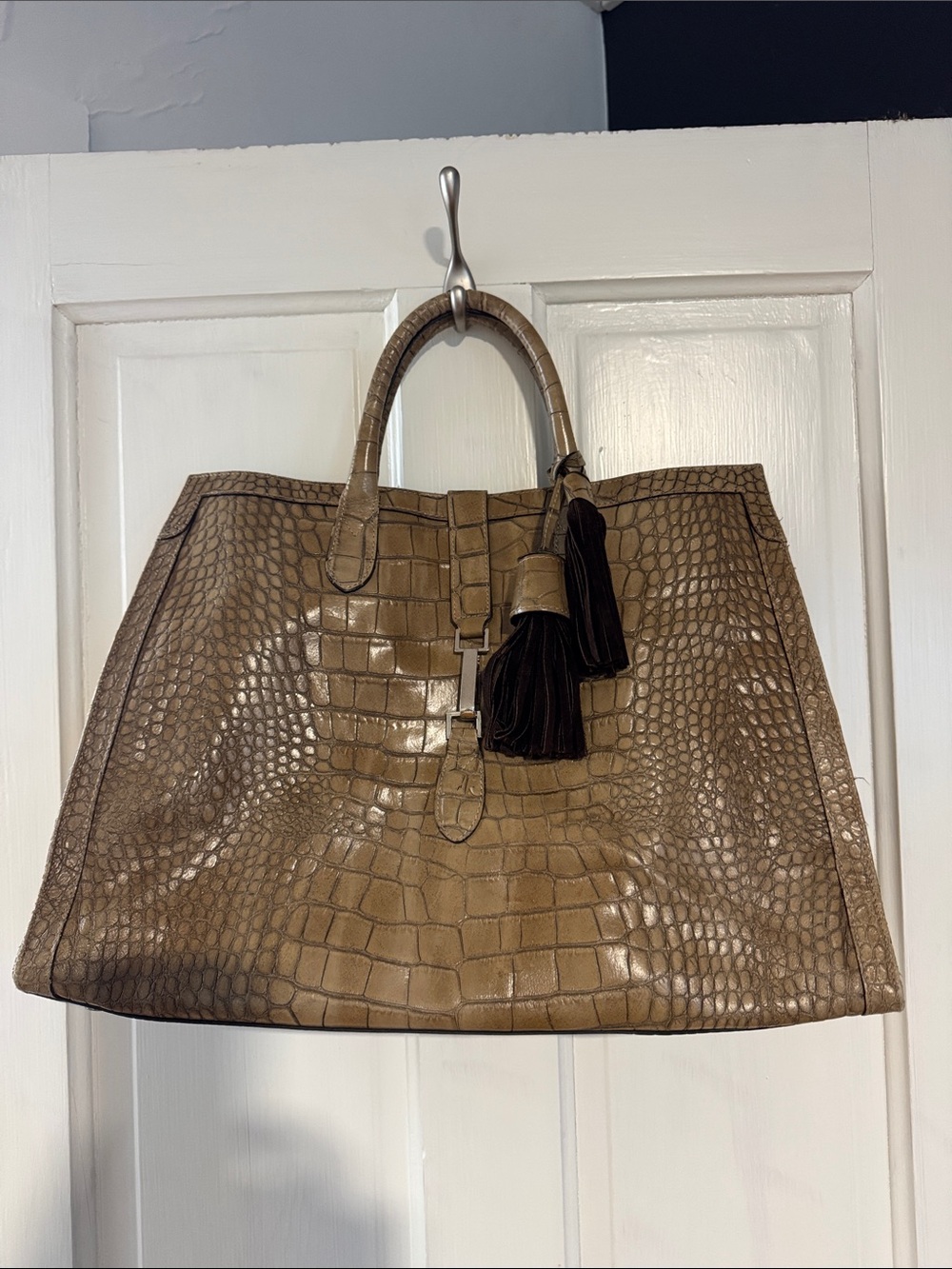 Croc-Embossed Taupe Tote with Tassel Accent